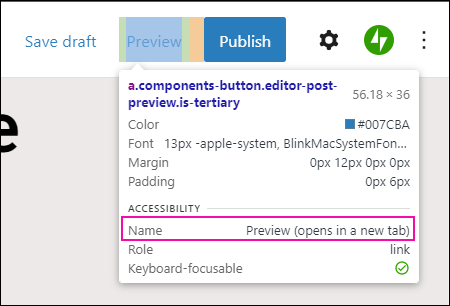 Element inspector over the Preview button, but the Name says Preview (opens in a new tab)